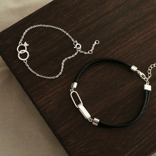 925 Sterling Silver Couple Bracelet Set with Circle & Charm Ring with Gemstones - VYB66-LDB28