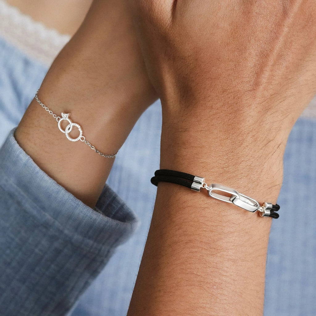 925 Sterling Silver Couple Bracelet Set with Circle & Charm Ring with Gemstones - VYB66-LDB28