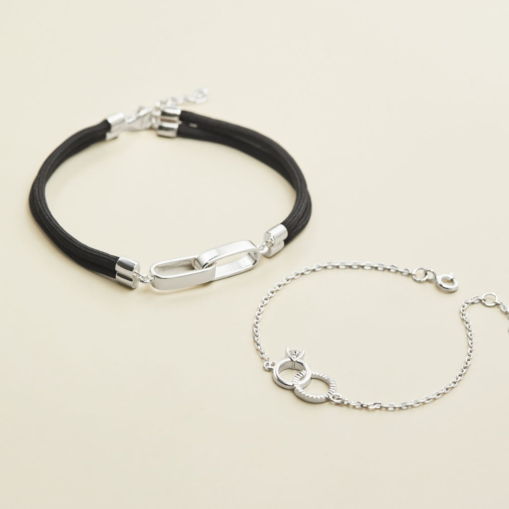 925 Sterling Silver Couple Bracelet Set with Circle & Charm Ring with Gemstones - VYB66-LDB28