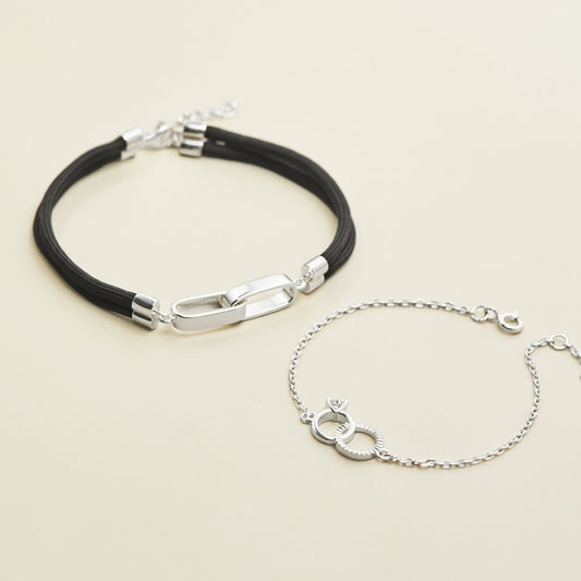 925 Sterling Silver Couple Bracelet Set with Circle & Charm Ring with Gemstones - VYB66-LDB28