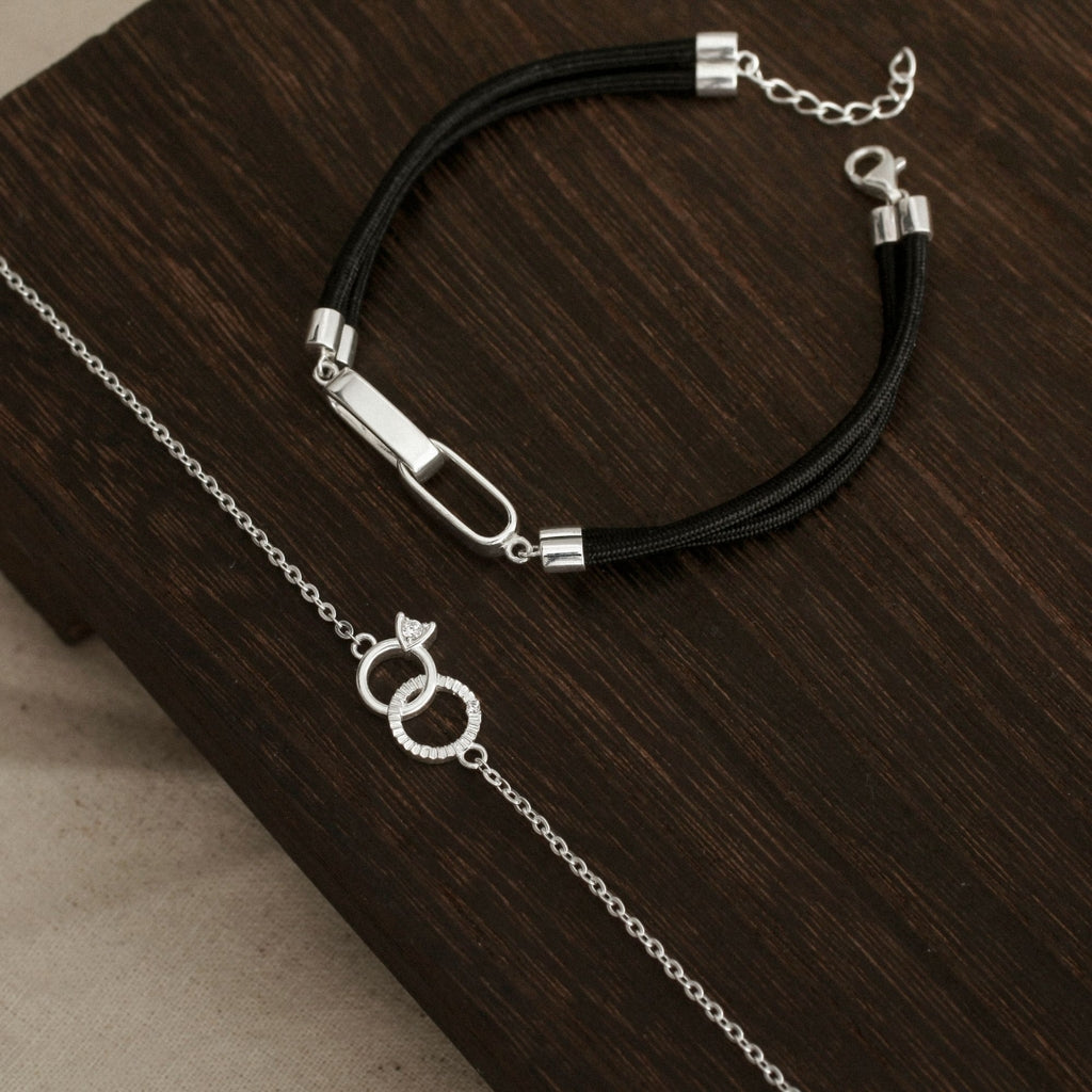 925 Sterling Silver Couple Bracelet Set with Circle & Charm Ring with Gemstones - VYB66-LDB28